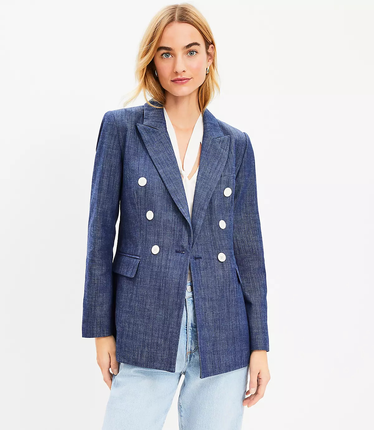 Faux Denim Double Breasted Blazer | LOFT