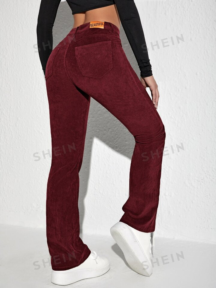 Pantalones con parche de letra pierna amplia de pana | SHEIN