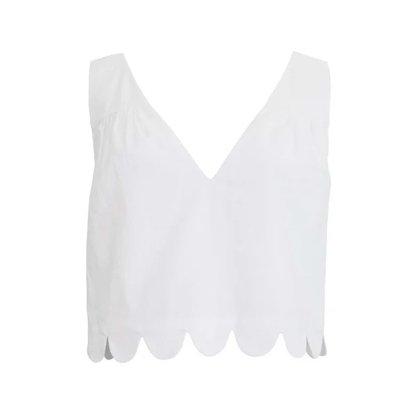 V-Neck Scallop Detail Tank, White Linen | The Avenue