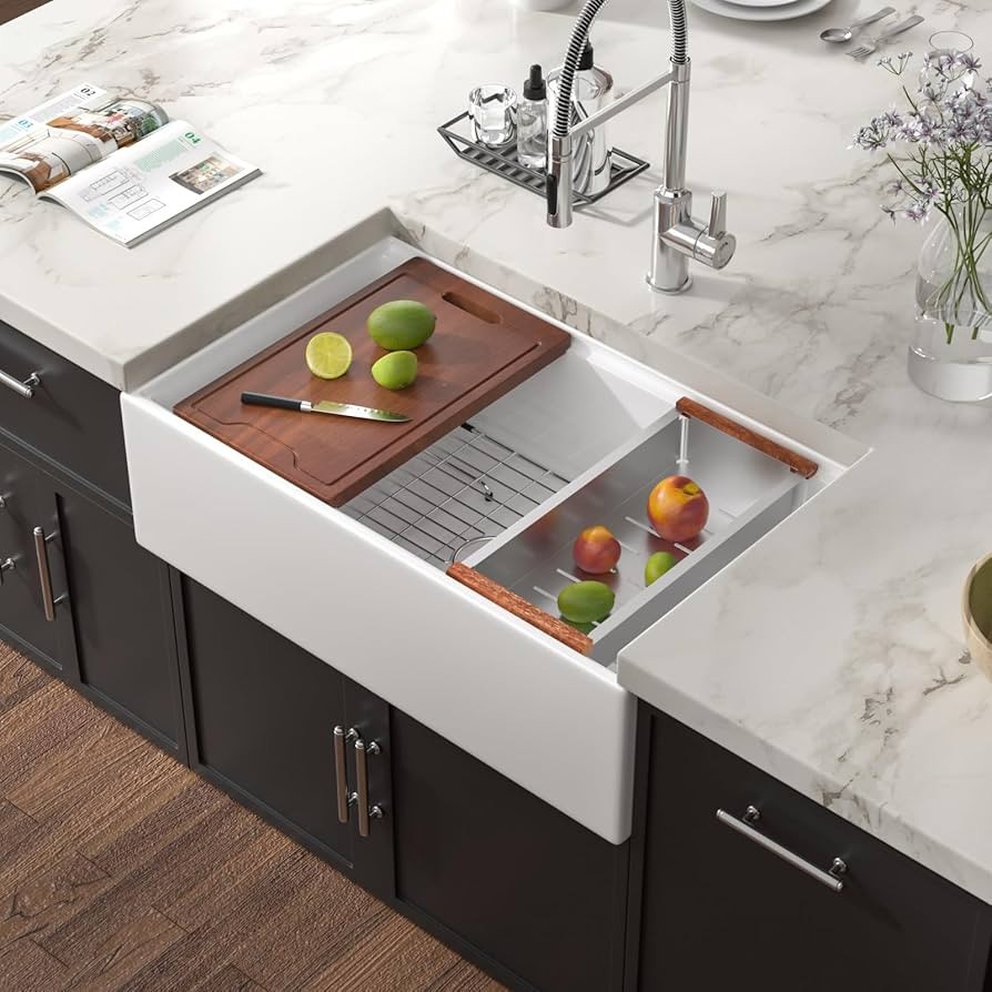 33 Inch White Farmhouse Sink Workstation - Couoko White Apron Front Fireclay Farm Sink Large Deep... | Amazon (US)