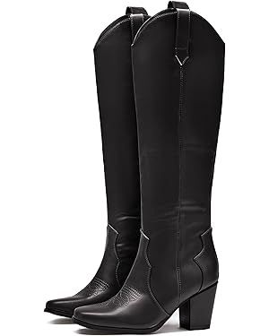 Coutgo Womens Western Cowgirl Boots Pointed Toe Mid Heel Cowboy Boots Wide Calf Back Zipper Knee ... | Amazon (US)