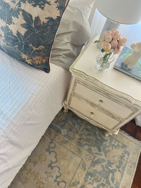 Bedside table, vintage rug, tapestry pillow cover, duvet cover bedding, sage green sheet set 

#LTKhome #LTKFind #LTKsalealert