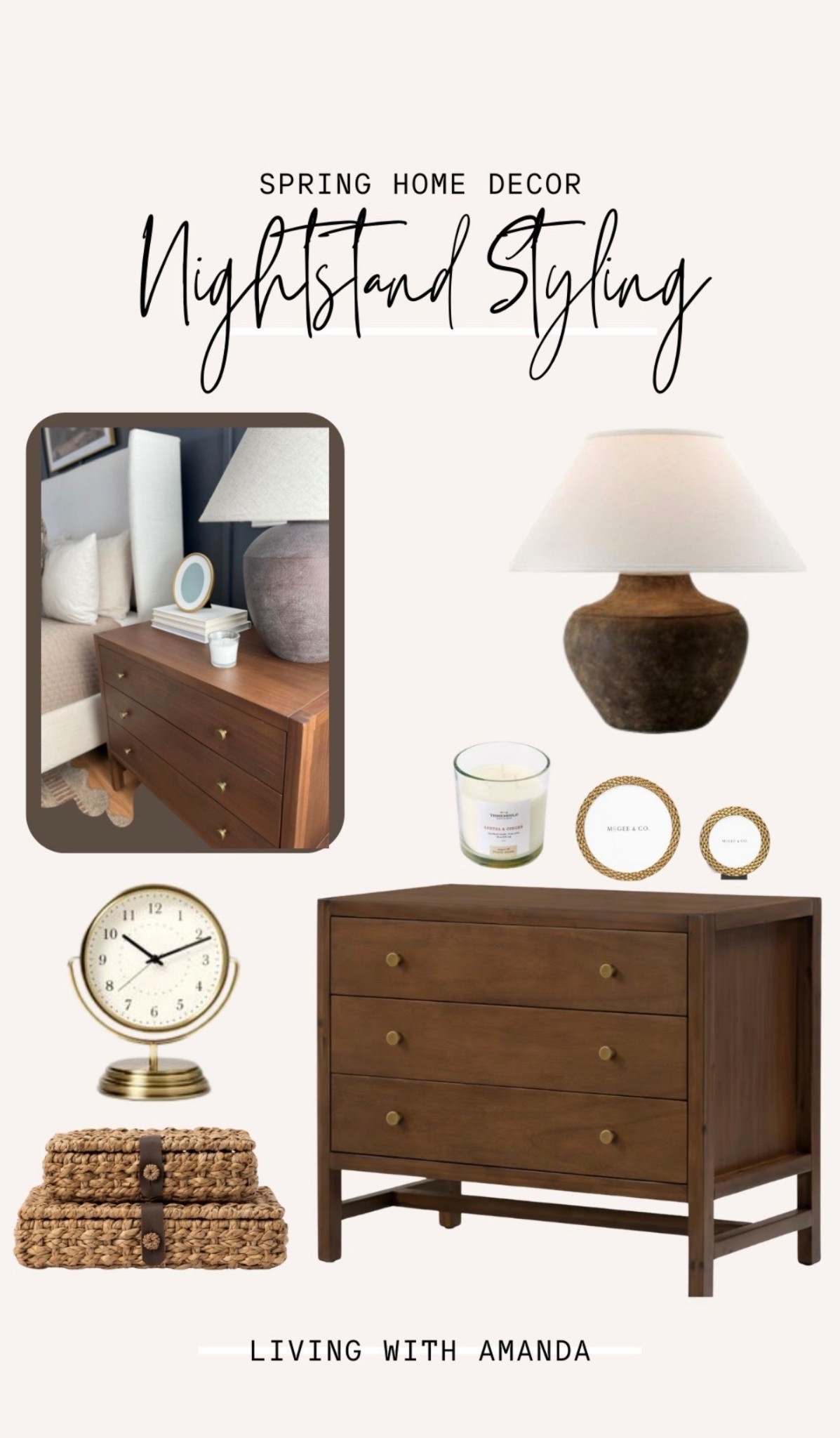 Spring nightstand styling made simple! ✨ 

Start with a lamp, then layer in florals, a brass clock, stacked books, woven baskets, and a candle for warmth.

It’s all about balance and texture! My biggest tip? Shop your home and switch out pieces from other rooms. 

LAYER, Layer, Layer! 

Comment “SPRING” and I’ll send the link to your DM

#SpringDecor #NightstandStyling #HomeInspo #bedroomdecor #bedroomdesign #springdecor #cozyhome #bedroomfurniture #organicmodern #neutralhome #amazonfinds

#LTKSeasonal #LTKHome #LTKStyleTip

#LTKSaleAlert #LTKHome #LTKSeasonal

#LTKSaleAlert #LTKHome #LTKSeasonal