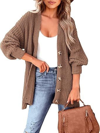 BTFBM Women's Button Down Cardigan Coat Long Sleeve Fall Winter Clothes Loose Chunky Knit Open Fr... | Amazon (US)