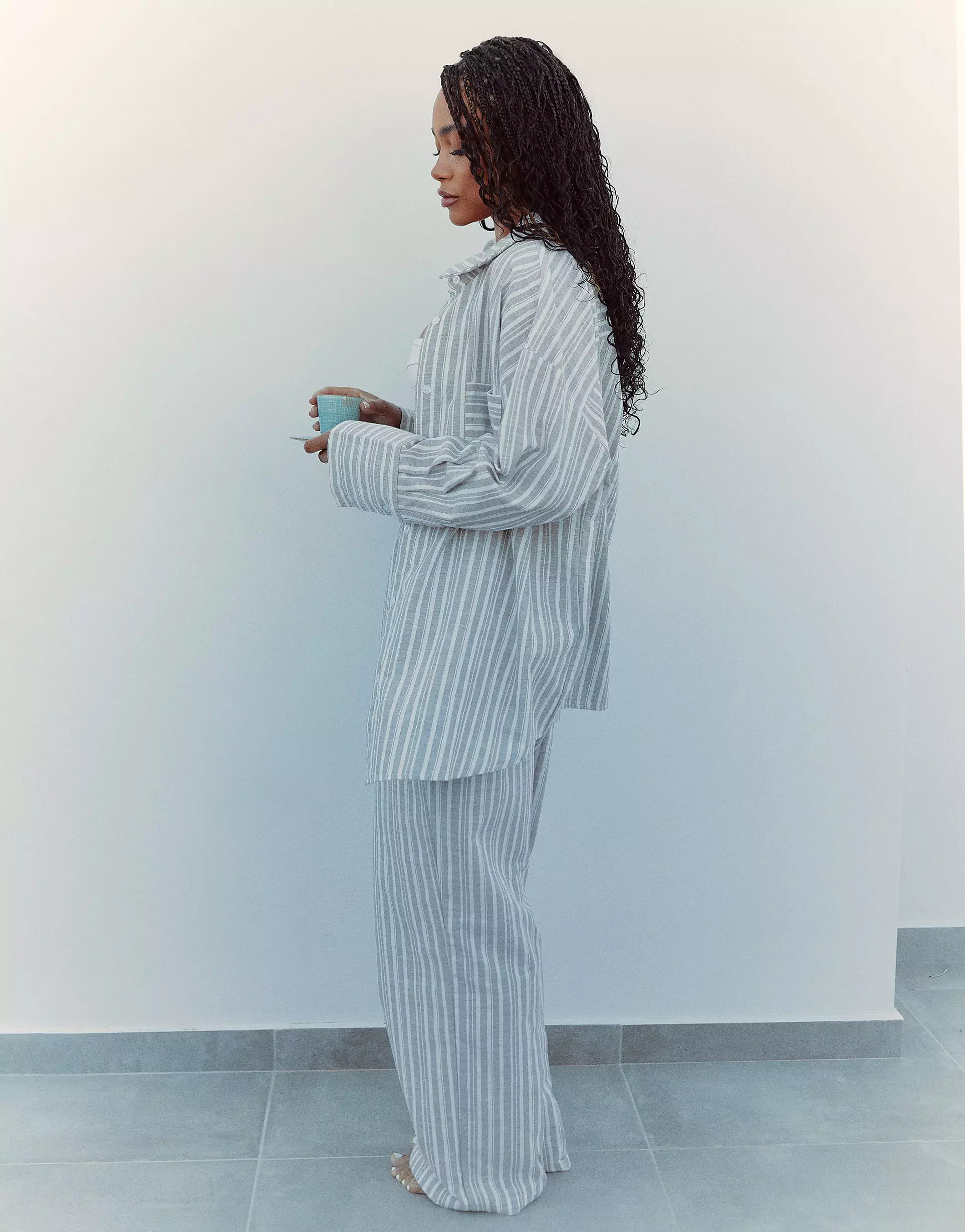4th & Reckless x Loz Vassallo delphi tie waist wide leg stripe trouser co-ord in grey | ASOS (Global)