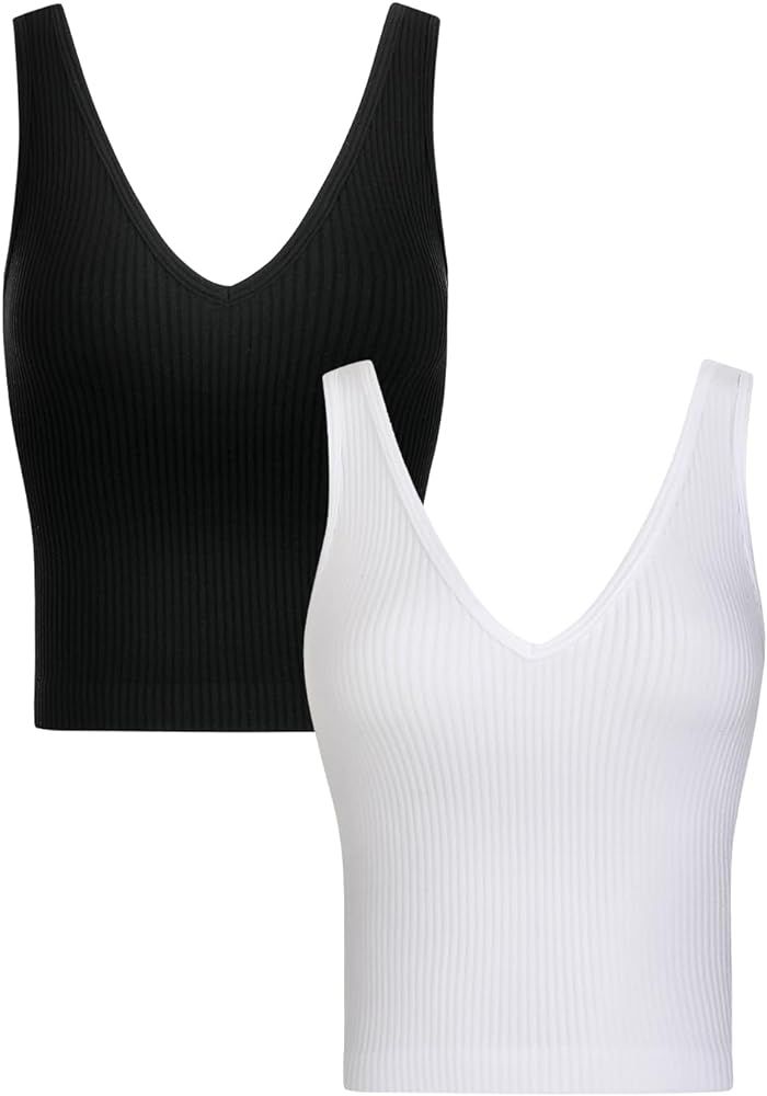 Ribbed Tank Tops for Women, V-Neck Seamless Stretchy Camisole Tank Tops | Amazon (US)