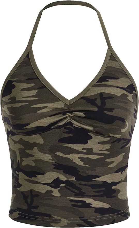 SOLY HUX Women's Camo Print V Neck Sleeveless Halter Tops Ruched Backless Cami Top | Amazon (US)