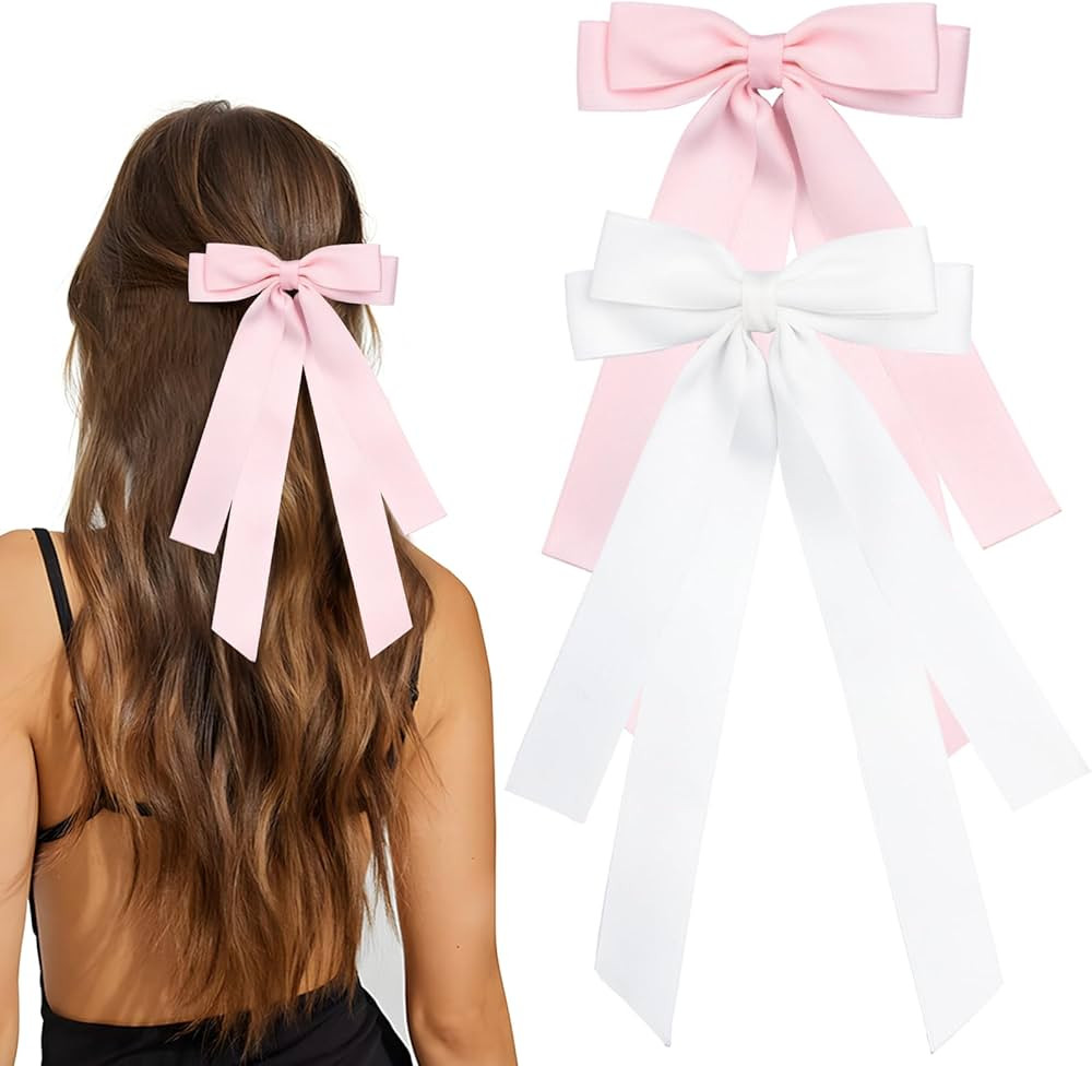 Bow Hair Clips 2PCS Set for Women and Girls - Black White Ribbon Bows for Hair, with Long Tail, A... | Amazon (US)