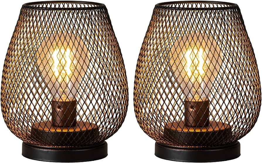 DECORKEY Set of 2 Battery Operated Lamp LED Table Lantern, Metal Cage Cordless Lamps with LED Bulb，V | Amazon (US)