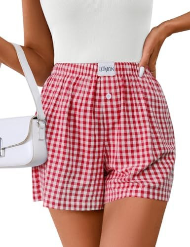 Lomon Womens Boxer Shorts Casual Summer Pajama Lounge Sleep Pj Gingham Plaid Shorts Y2K Beach Bot... | Amazon (US)