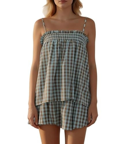 ROAONOCOMO Women Gingham 2 Piece Pajama Set Flowy Peplum Babydoll Cami Top Wide Leg Shorts Sets S... | Amazon (US)