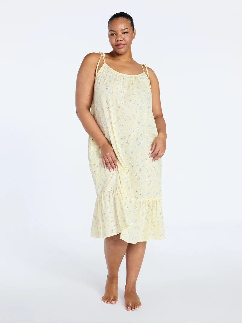 Joyspun Women's Seersucker Midi Sleep Gown with Shoulder Tie, Sizes XS to 3X | Walmart (US)