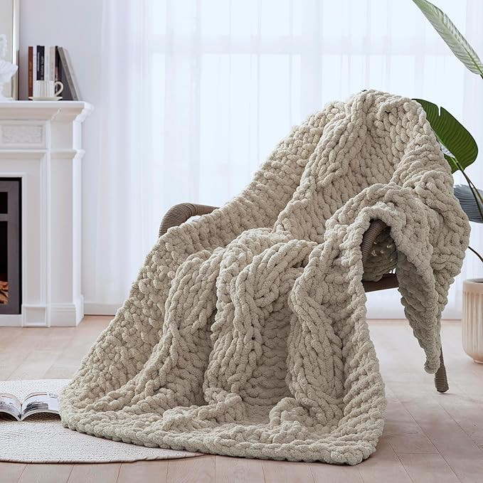 Chunky Knit Blanket Throw - 100% Hand Knitted Thick and Warm Throw for Winter, Linen, 50x60 Inche... | Amazon (US)