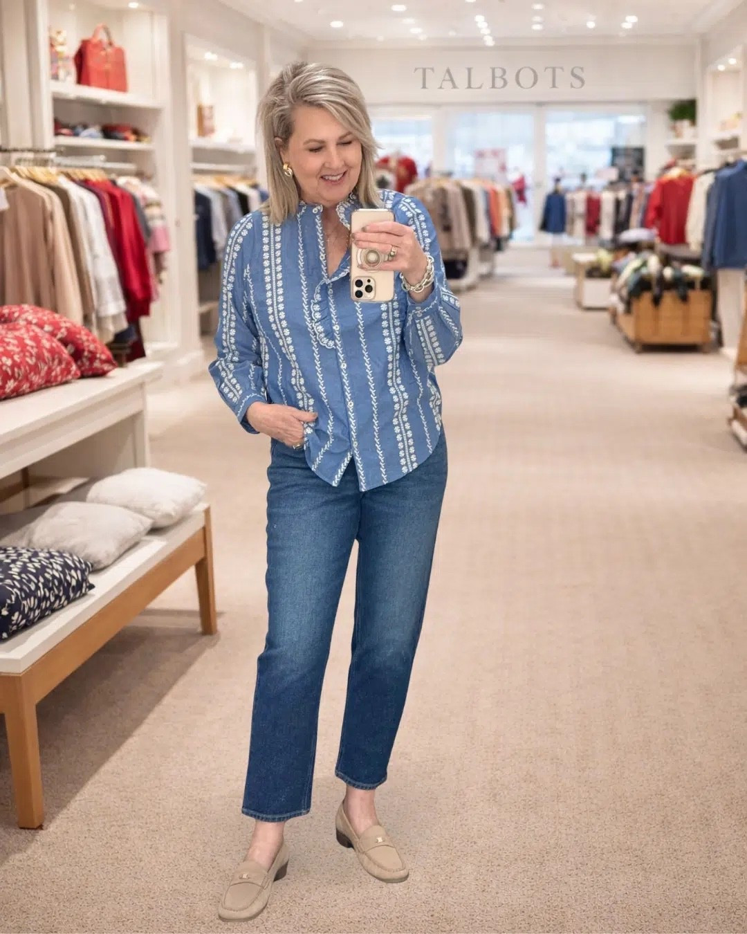 Try on with new arrivals from Talbots! My blue striped button down is a size medium and ankle jeans are size 8. 

#LTKWorkwear #LTKOver40 #LTKootd