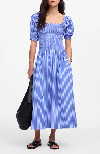 Madewell Smocked Puff Sleeve Midi Dress in Stripe Poplin in Waterfall at Nordstrom Rack, Size X-Large | Nordstrom Rack