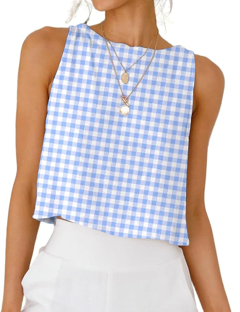 IDEALSANXUN Womens Gingham Tank Tops Spring Summer Casual Crop Cotton Sleeveless Shirts Blouses | Amazon (US)