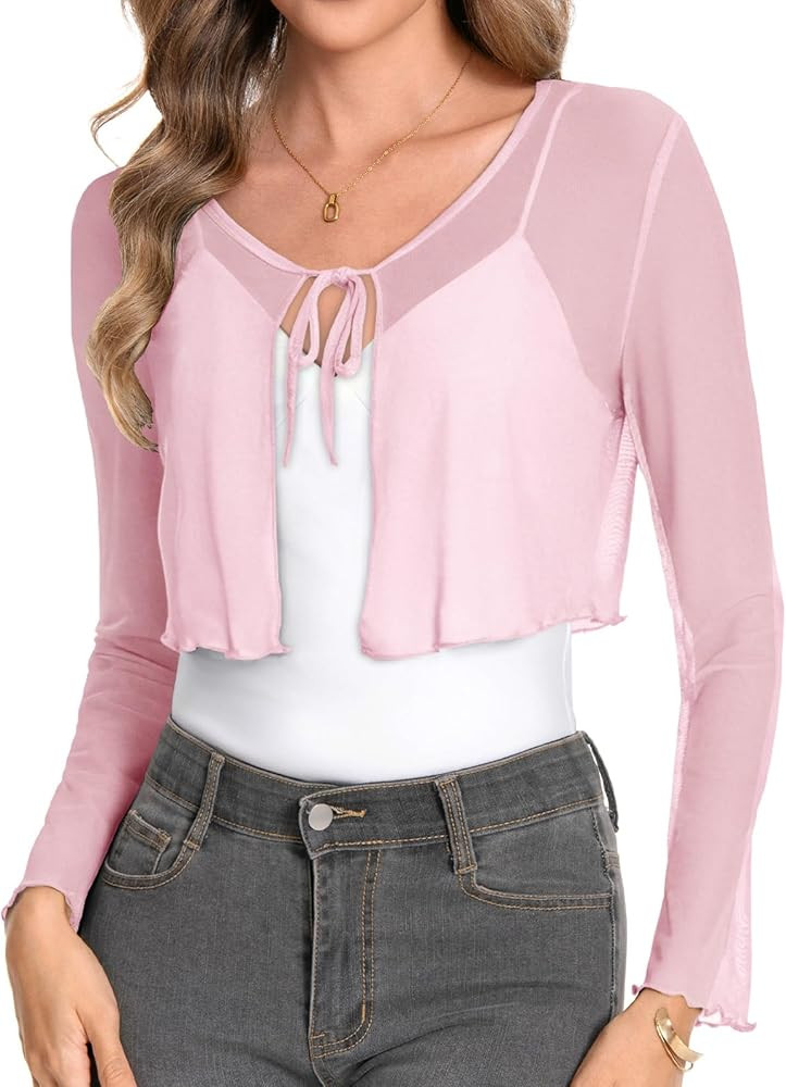 Women's Mesh Shrug Tie Front Cropped Bolero Cardigan Long Sleeve Top Sheer Shawl for Evening Dres... | Amazon (US)