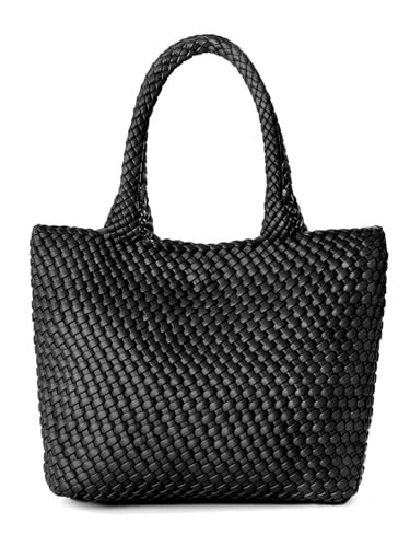 AUACDIY Women's Woven Tote Bag - Black, One Size - Vegan Leather, Magnetic Closure, Shoulder Strap, Rectangular Shape, Casual Beach Theme | Amazon (US)