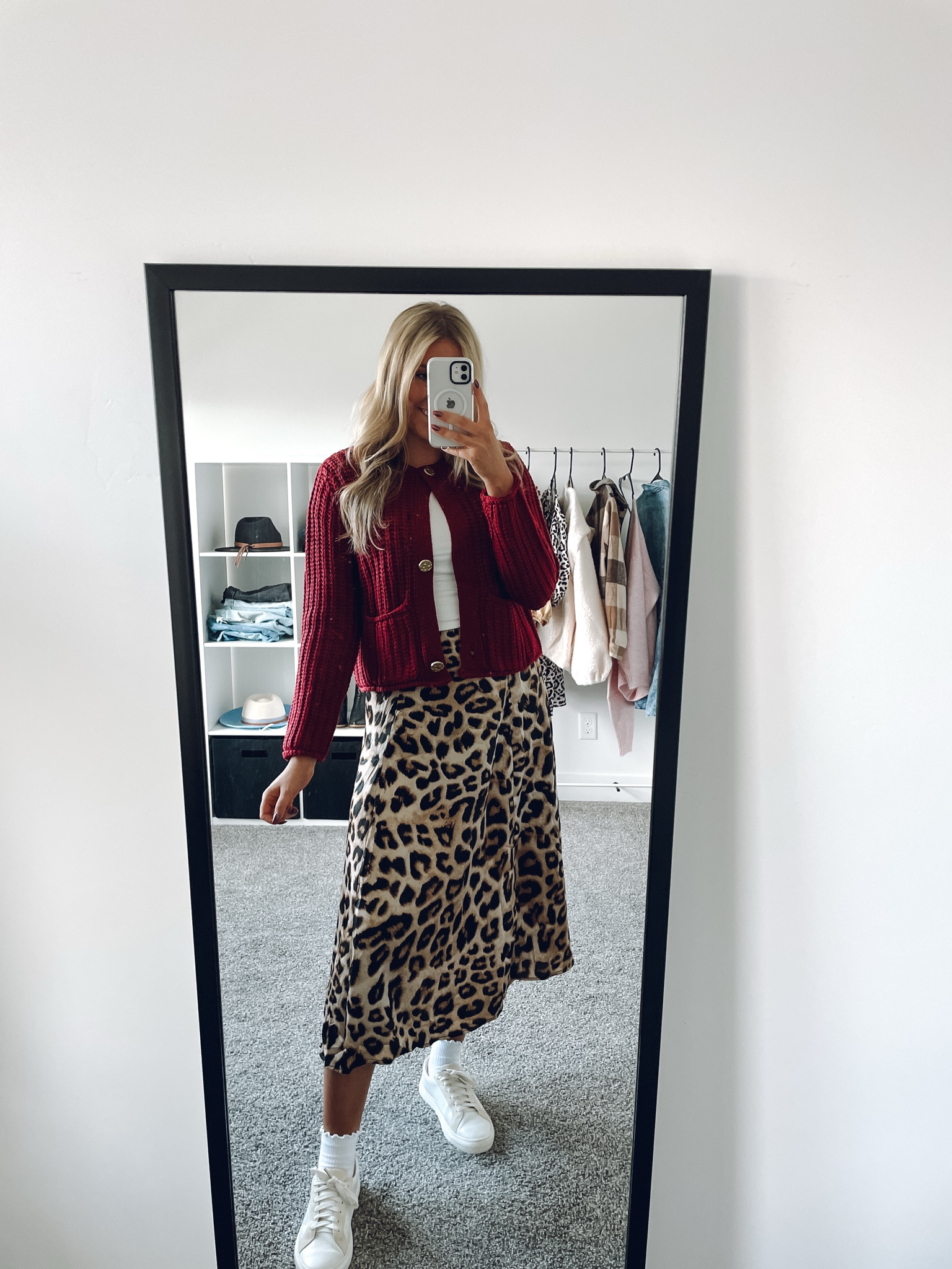 Teacher outfit idea or Thanksgiving outfit idea!
Cardigan: runs small, wearing M 
White top: true to size
Leopard skirt: wearing M
Sneakers: size up half—designed by podiatrists 

| teacher outfits | work outfits 

#LTKWorkwear #LTKHoliday #LTKSeasonal