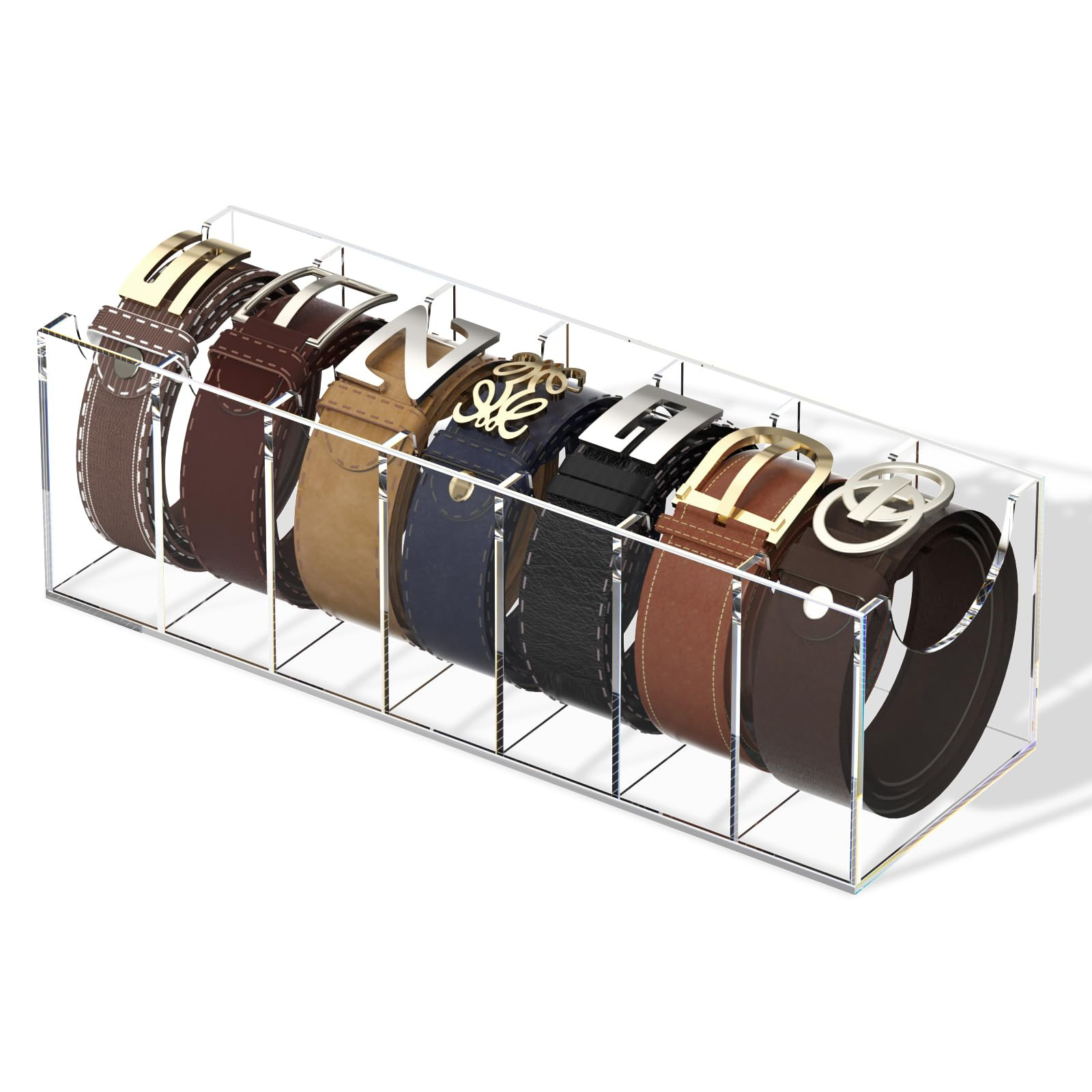 FEMELI Belt Organizer, Acrylic 7 Compartments Container Storage Holder, Clear Display Case for Cl... | Amazon (US)