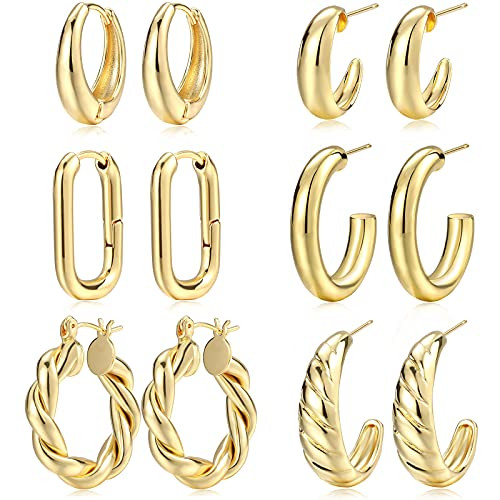 Gold Hoop Earrings Set for Women, 14K Gold Plated Lightweight Hypoallergenic Chunky Open Hoops Set f | Amazon (US)