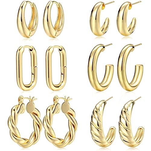 Gold Hoop Earrings Set for Women, 14K Gold Plated Lightweight Hypoallergenic Chunky Open Hoops Set f | Amazon (US)