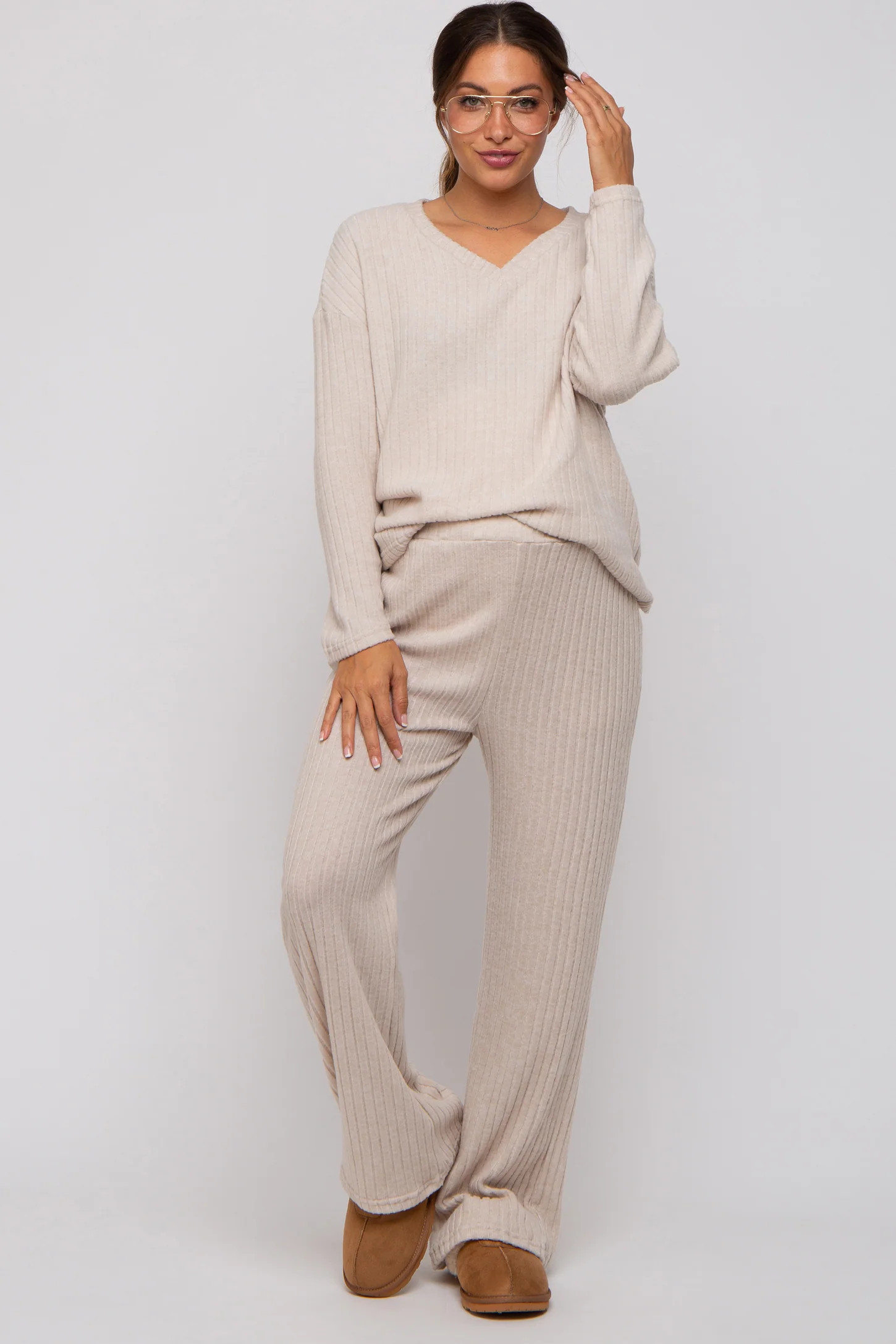 Beige Ribbed Soft Knit Long Sleeve Maternity Pajama Set | PinkBlush Maternity
