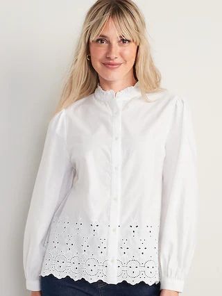 Collarless Embroidered Scalloped Shirt for Women | Old Navy (US)