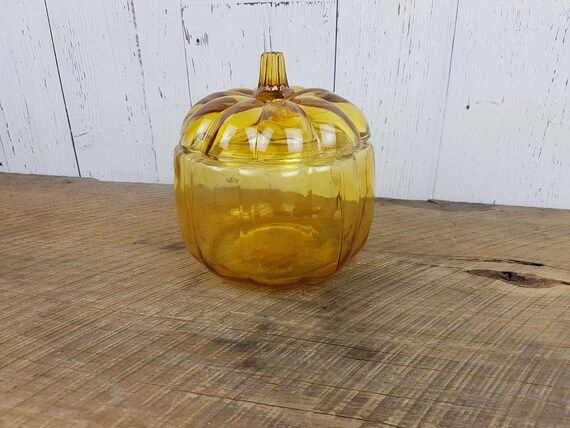 Vintage Yellow Glass Pumpkin Cookie Jar Gourd Shaped Canister w/ Lid Halloween Decor Candy Storage J | Etsy (CAD)