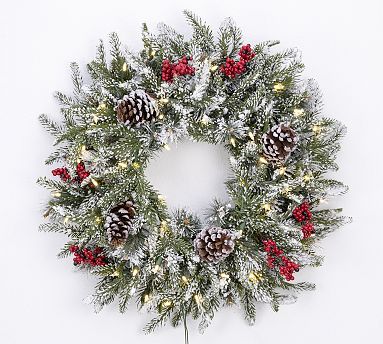 Pre-Lit Faux Pine Berry Pinecones Wreath - 24&quot; | Pottery Barn (US)