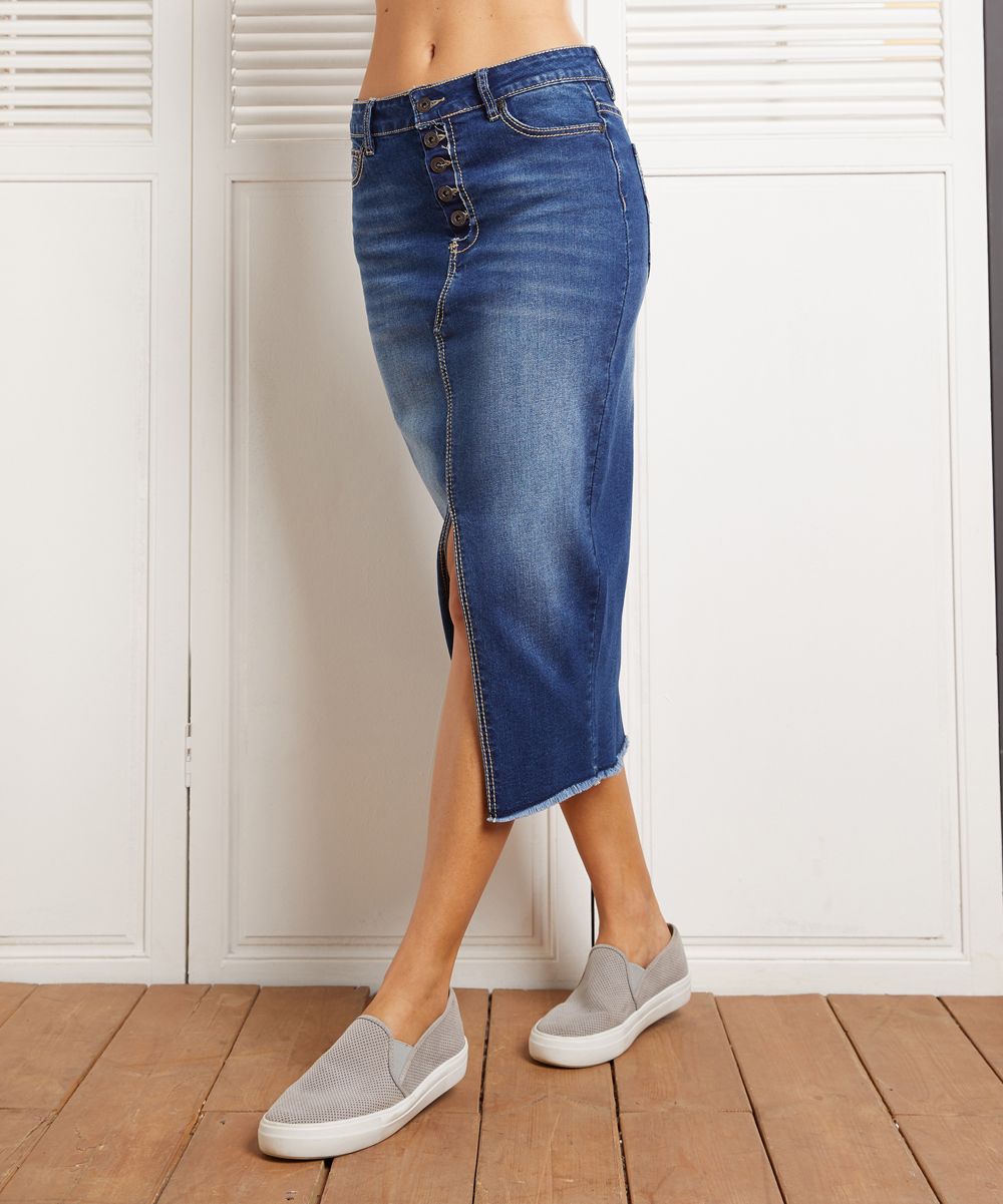 Suzanne Betro Weekend Women's Denim Skirts 101MED - Medium Dark Wash Button-Front Denim Skirt - Plus | Zulily