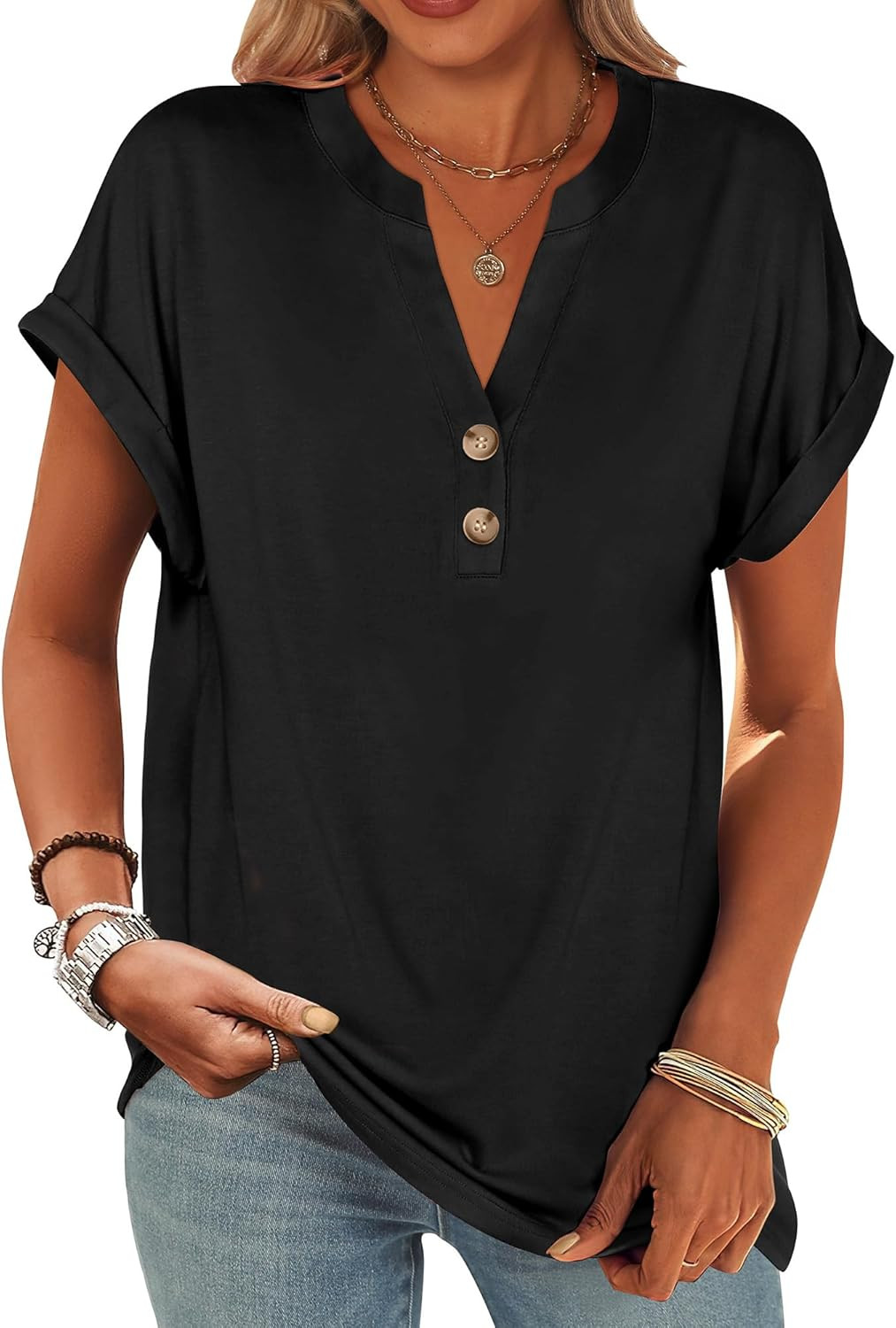 ANRABESS Womens Short Sleeve Henley Tops V Neck Dressy Casual Blouses Summer Trendy Tee Shirts 20... | Amazon (US)