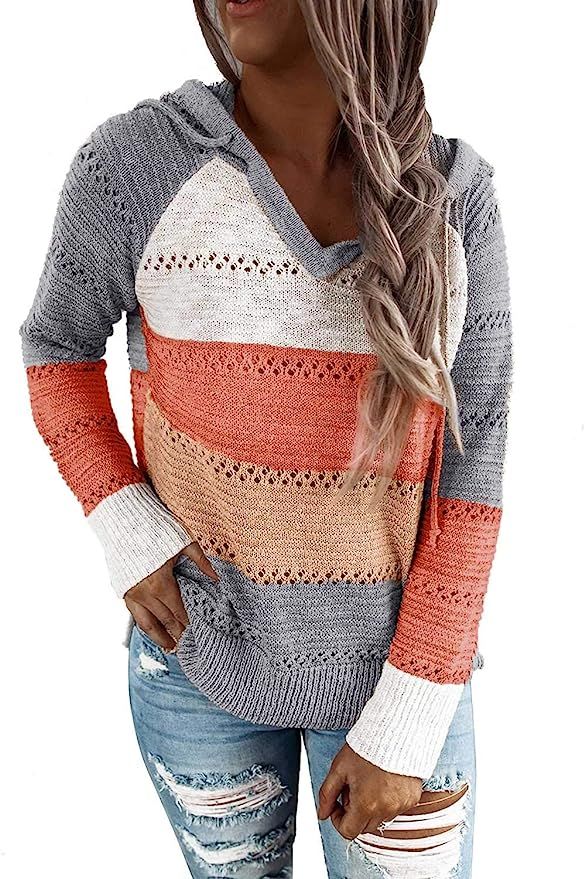 BLENCOT Women's Lightweight Color Block Hooded Sweaters Drawstring Hoodies Pullover Sweatshirts | Amazon (US)