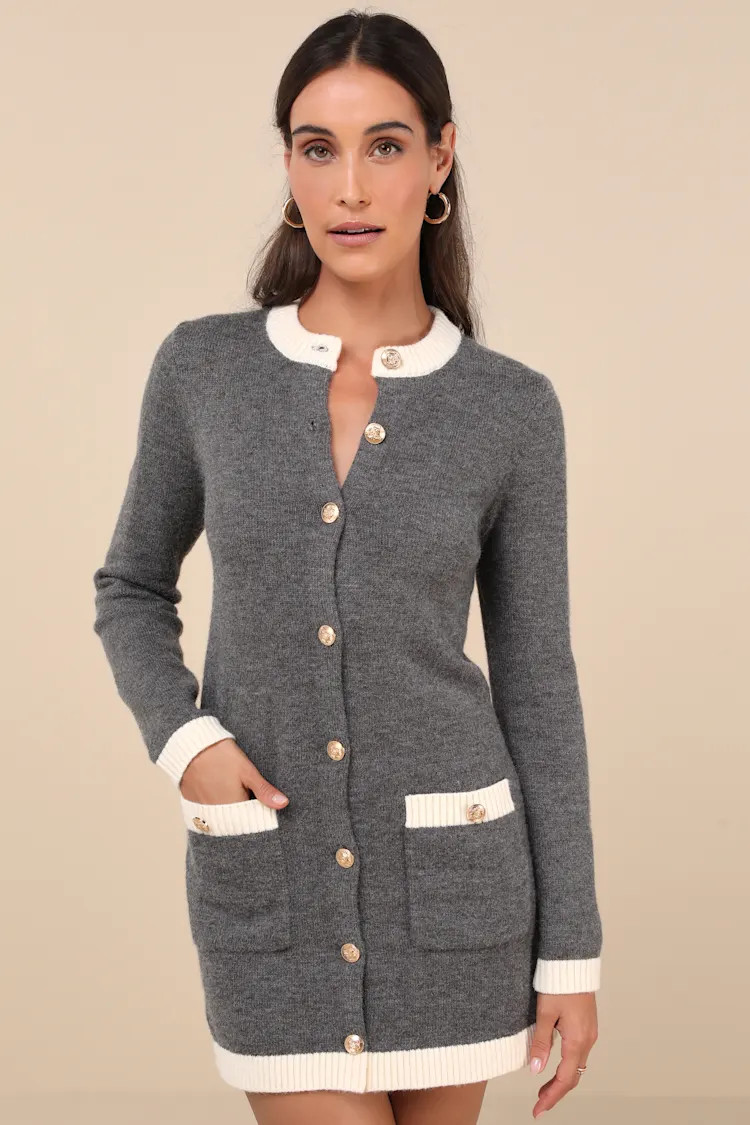 Sophisticatedly Cozy Grey and Ivory Button-Up Sweater Mini Dress | Lulus