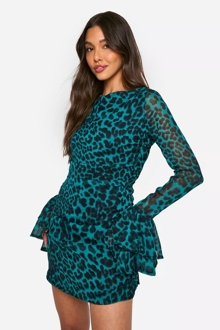 Green Leopard Chiffon Ruffle Mini Dress | boohoo (US & Canada)
