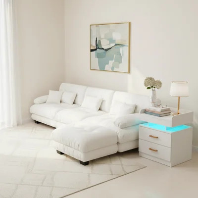 2 Piece 130" Velvet Sectional Sofa and LED Side Table Set with Ottoman Cream | Wayfair North America