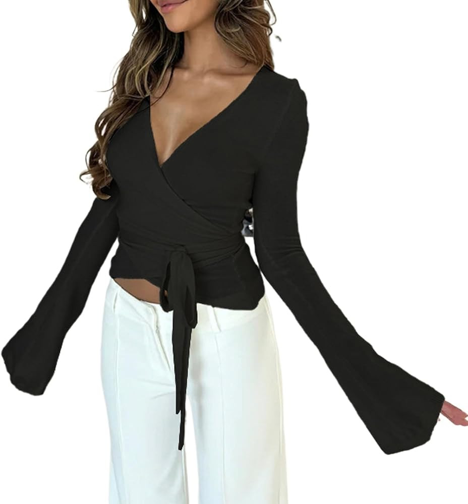 Long Sleeve Tie Front Wrap Blouse Women's V Neck Cropped Yoga Workout Shirts Coquette Tops | Amazon (US)
