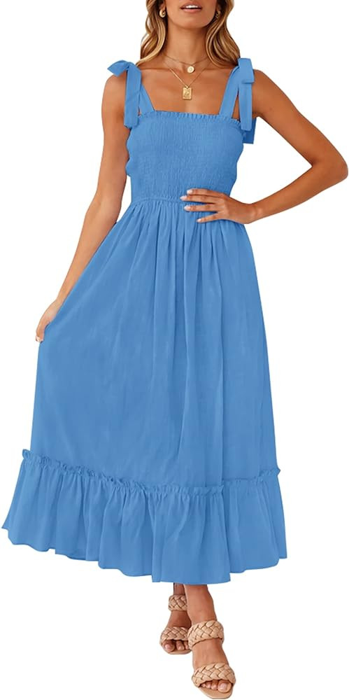 ZESICA Women's 2024 Summer Boho Spaghetti Strap Square Neck Solid Color Ruffle A Line Beach Long ... | Amazon (US)