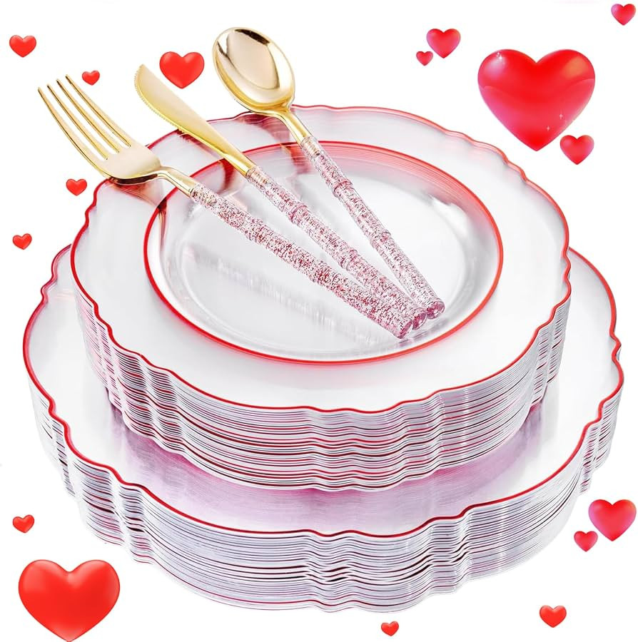Liacere 150PCS Clear and Red Plastic Plates-Clear Red Disposable Plates with Glitter Bamboo Handl... | Amazon (US)