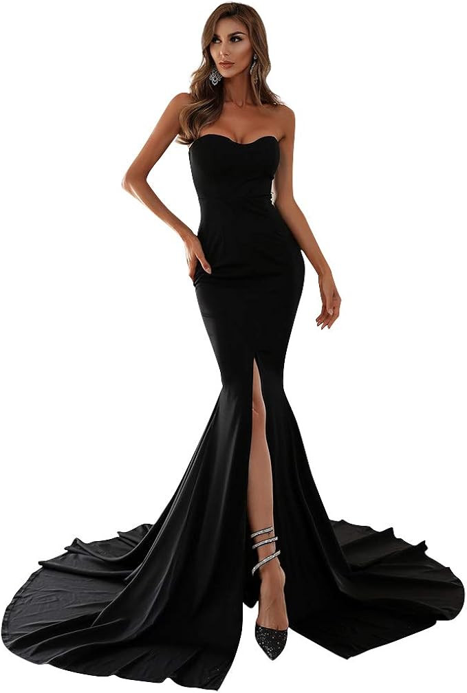 Miss ord Strapless Asymmetric Slit Front Wedding Evening Party Maxi Dress | Amazon (US)