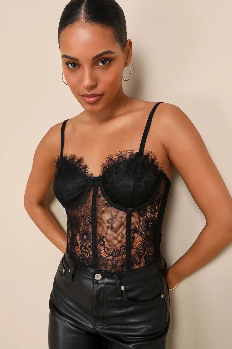 Strikingly Sultry Black Sheer Lace Sleeveless Bustier Top | Lulus