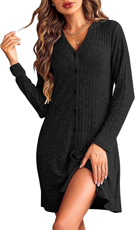 Ekouaer Nightgowns for Women Button Down Night Shirt Long Sleeve Ribbed Knit V-Neck Sleepwear Paj... | Amazon (US)