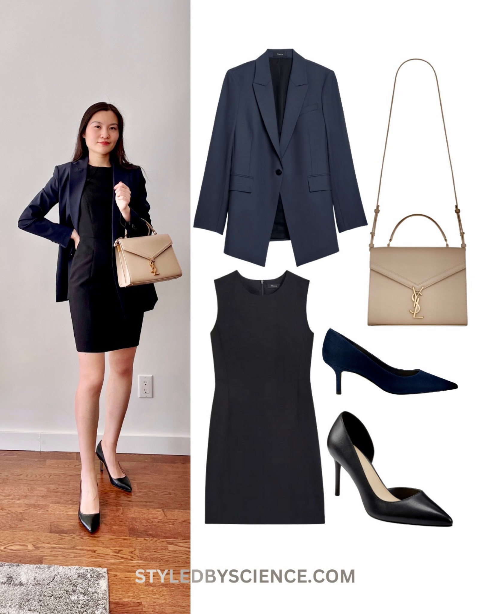 High quality workwear pieces that will last you a long time - Theory Navy Single Breasted Wool Blazer (2), fitted black sheath dress (0). Classy work outfit staples. Black heels under 100, pointed black heels - kitten heels. YSL Cassandra Medium Top Handle Bag.  

#LTKworkwear #LTKitbag #LTKstyletip