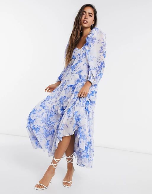 ASOS EDITION tiered midi dress with puff sleeve in blue floral print | ASOS (Global)