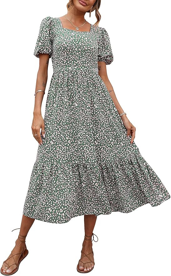 PRETTYGARDEN Women's Bohemian Dress Leopard Tie-Back Square Neck Puff Sleeve Ruffled Hem Summer M... | Amazon (US)