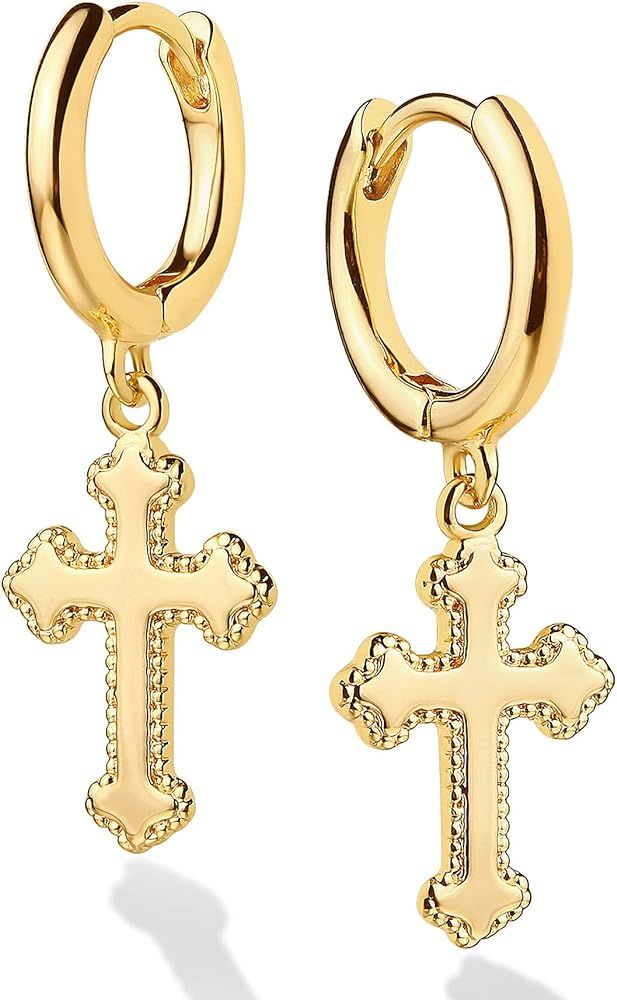 DREMMY STUDIOS Dainty Gold Dangle Earrings 14K Gold Plated Simple Cute Ankh Cross Hoop Huggie Ear... | Amazon (US)