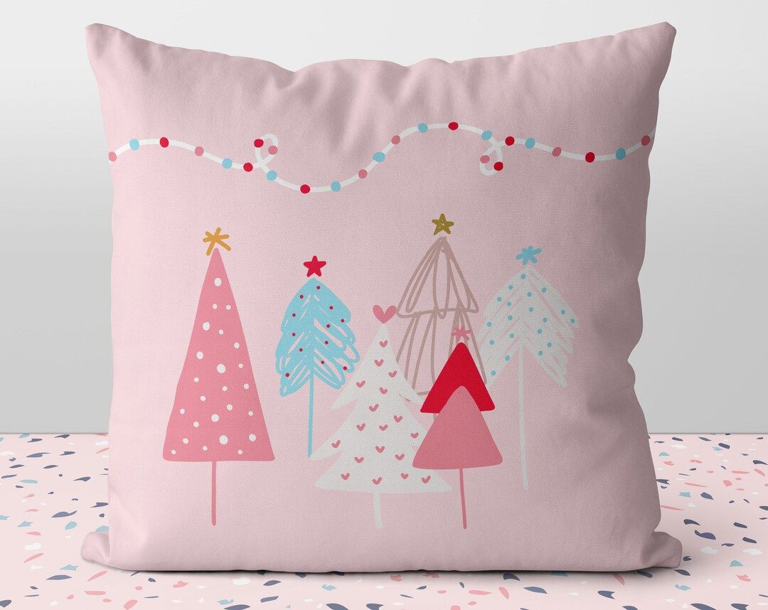 Christmas Pastel Whimsical Trees Seasons Greetings Pink Blue Red  Pillow with Cover Throw with In... | Etsy (US)