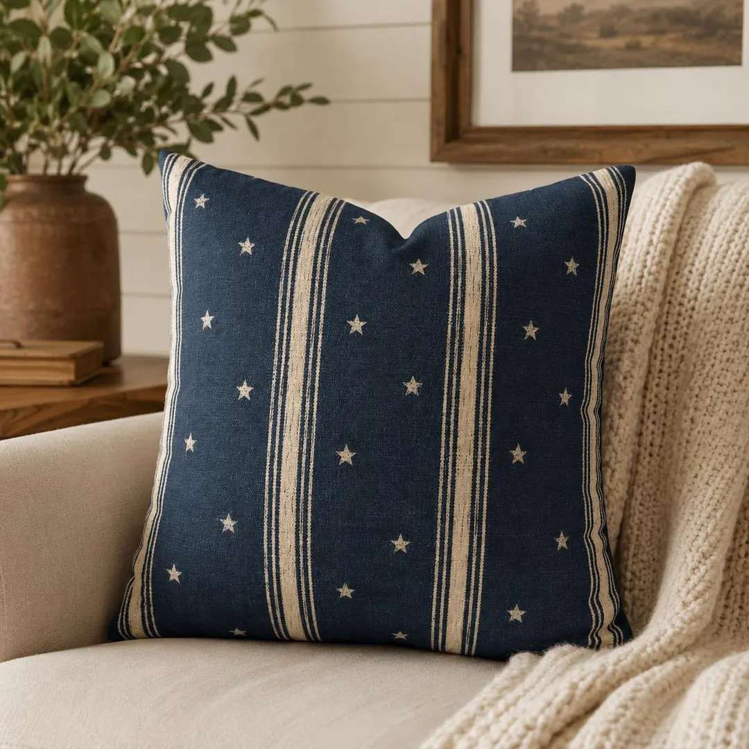Navy Star Stripe Pillow Cover, Americana Farmhouse Decor, Vintage Patriotic Throw Pillowcase, Rus... | Etsy (Global)