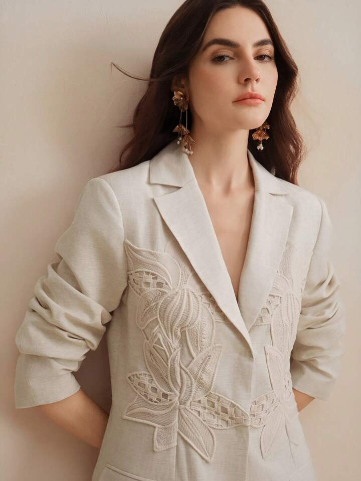 Anewsta Women Embroidered Symmetry Blazer And Shorts Outfit, Suit Set For Work, Spring/Summer | SHEIN