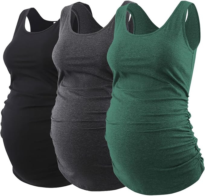 Ecavus 3PCS Womens Layering Maternity Tank Top Pregnancy Shirt Scoop Neck Sleeveless Ruched Vest | Amazon (US)